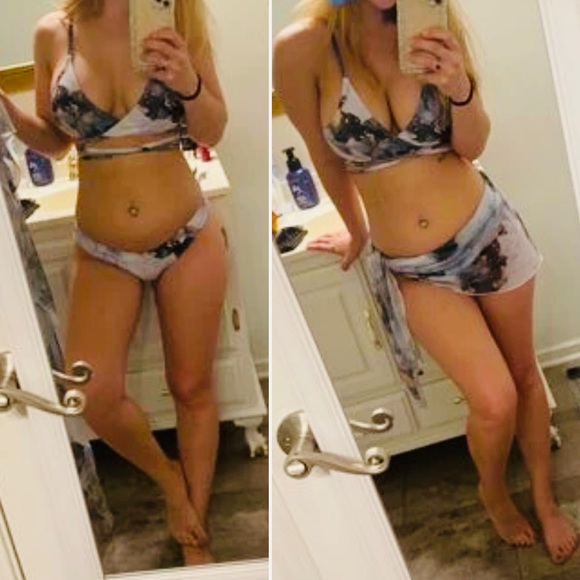 Shein 3 piece Marble Print Bikini Swimsuit with Beach Skirt NWT - Picture 7 of 17